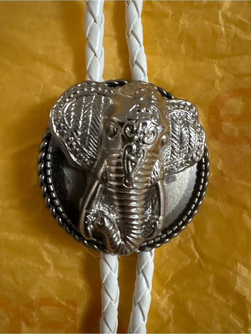 Silver Elephant Bolo Tie with White Braided Cord